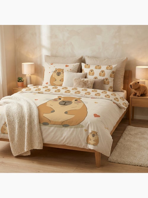 Housse de Couette Polycoton Capybara Kawaii 220x240cm + 2 Taies 65x65cm - Parure Coeurs Beige - Kiabi Housse de Couette Polycoton Capybara Kawaii 220x240cm + 2 Taies 65x65cm - Parure Coeurs Beige - Kiabi