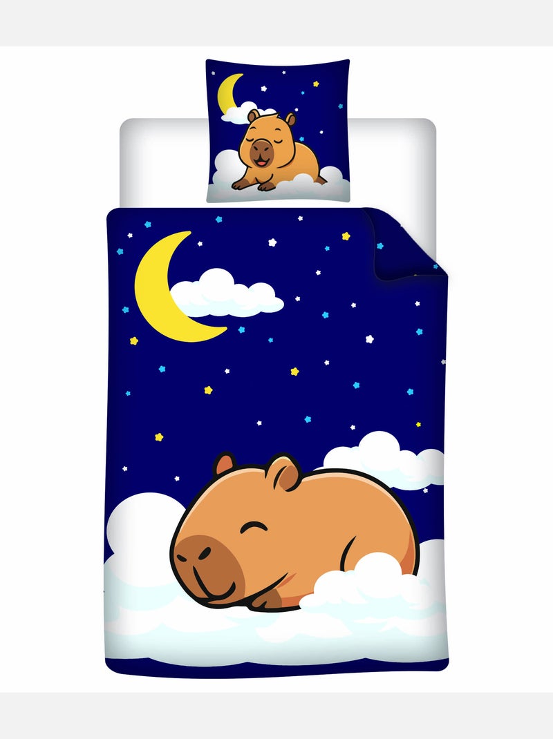 Housse de Couette Polycoton Capybara Nuit Etoilee 140x200cm + Taie 65x65cm - Bleu Marine Noir Beige Bleu - Kiabi