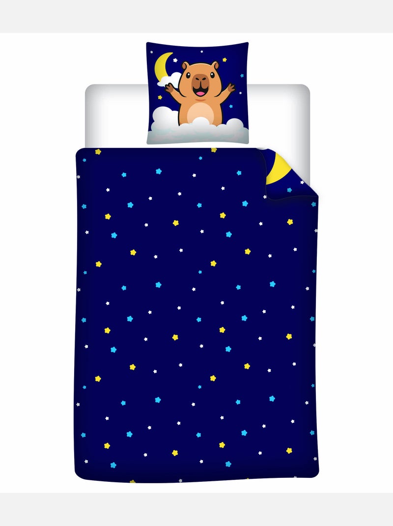 Housse de Couette Polycoton Capybara Nuit Etoilee 140x200cm + Taie 65x65cm - Bleu Marine Noir Beige Bleu - Kiabi