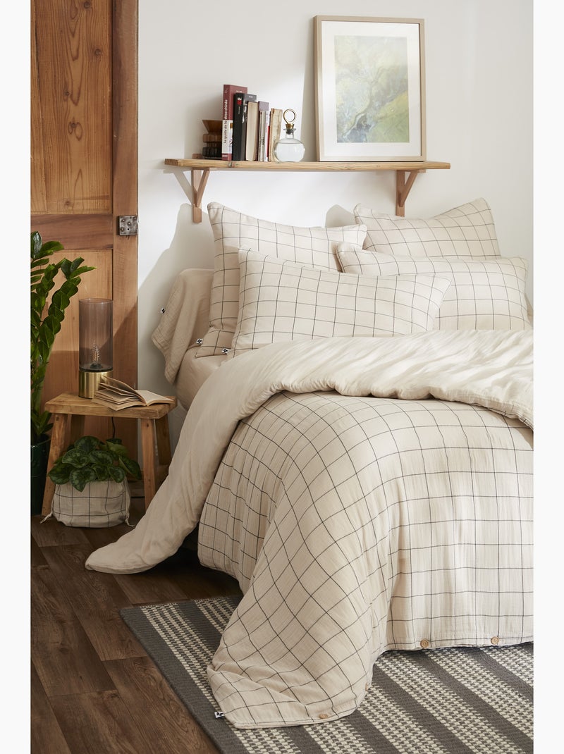 Housse de couette réversible - gaze de coton tissée teinte - grands carreaux - gaïa match Beige Pampa - Kiabi