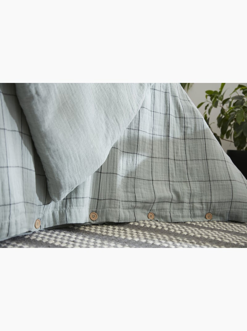 Housse de couette réversible - gaze de coton tissée teinte - grands carreaux - gaïa match Vert eucalyptus - Kiabi