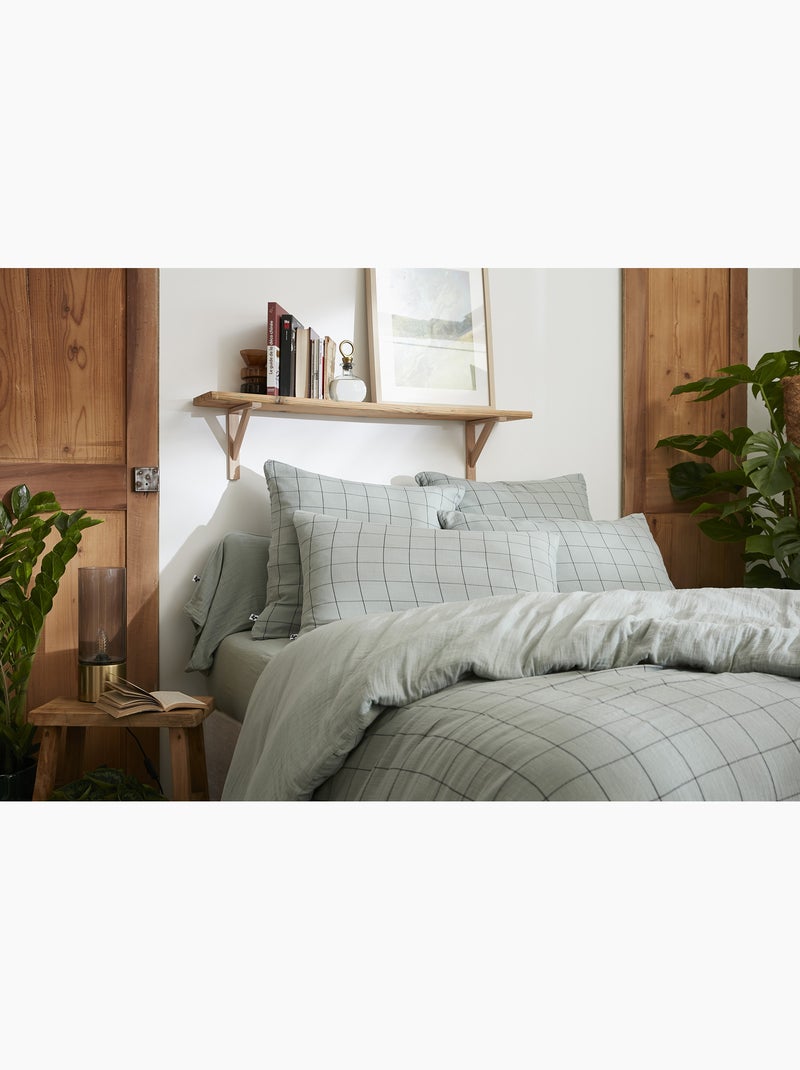 Housse de couette réversible - gaze de coton tissée teinte - grands carreaux - gaïa match Vert eucalyptus - Kiabi