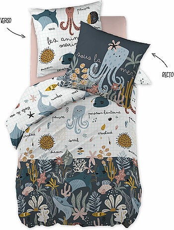 Housse de couette réversible + 1 taie d’oreiller – coton 57 fils – imprimé octopia
