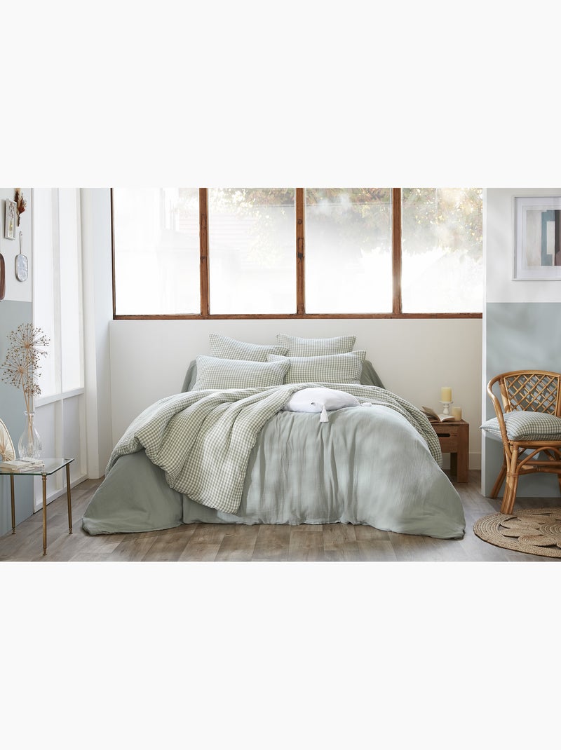 Housse de couette réversible – gaze de coton tissée teintée – carreaux vichy - vickie Vert eucalyptus - Kiabi