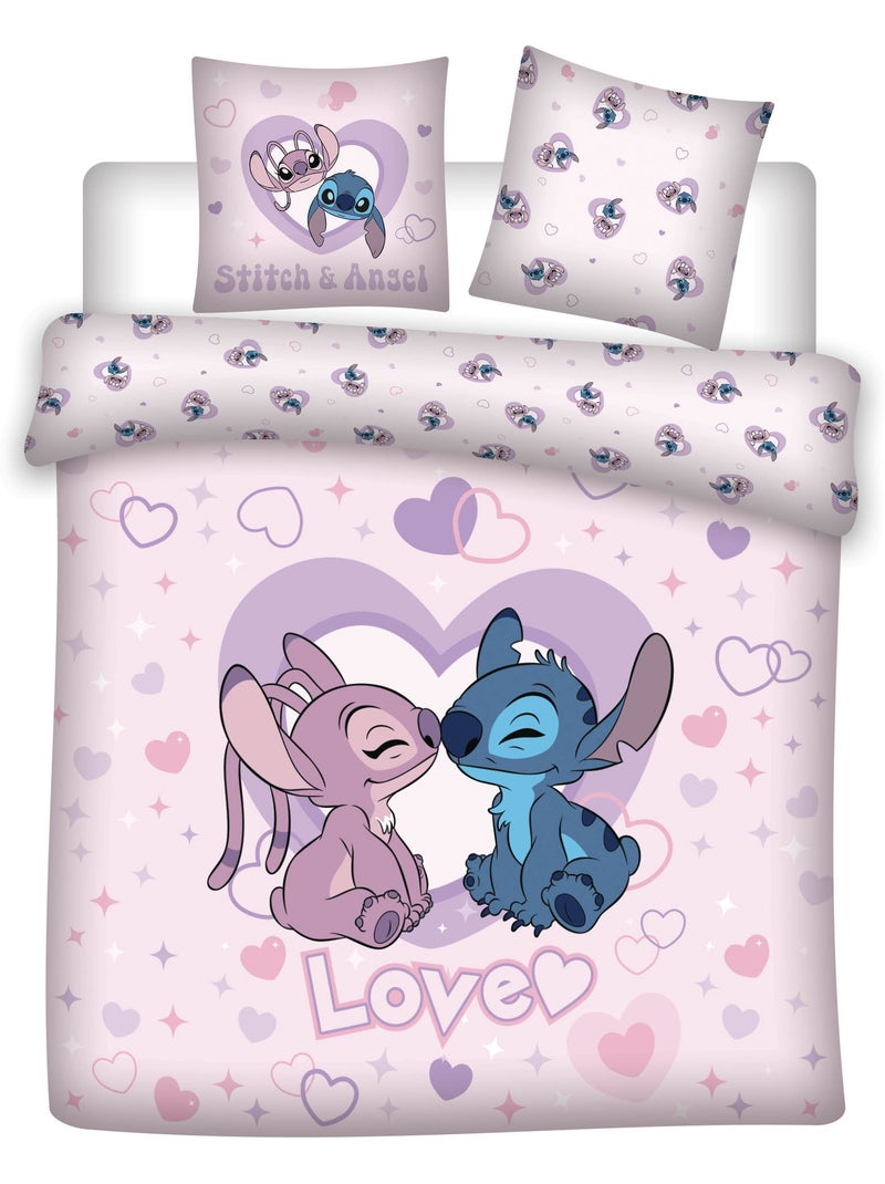 Housse de Couette Stitch et Angel Love Licence Officielle Disney 220x240cm + Taies 65x65cm Beige/Rose - Kiabi