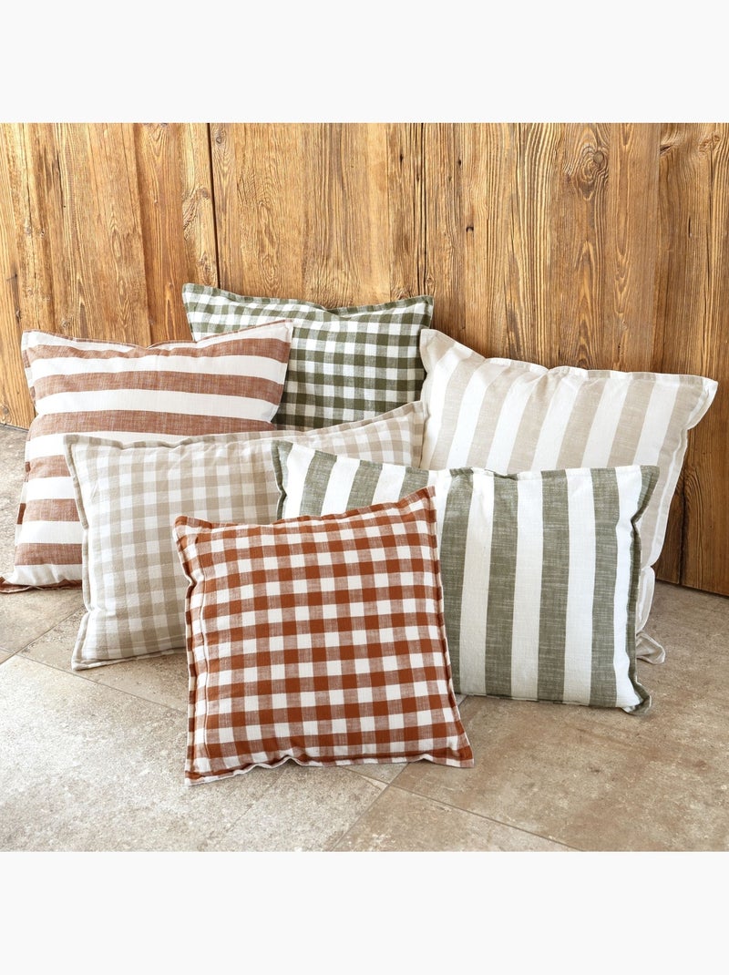 Housse de coussin recto-verso 100% coton rayures et vichy lourmarin Beige - Kiabi