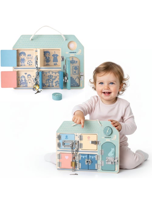 Houten activiteitenbord huis 30x22cm 5 slotenspel klok mamabrum - Kiabi Houten activiteitenbord huis 30x22cm 5 slotenspel klok mamabrum - Kiabi