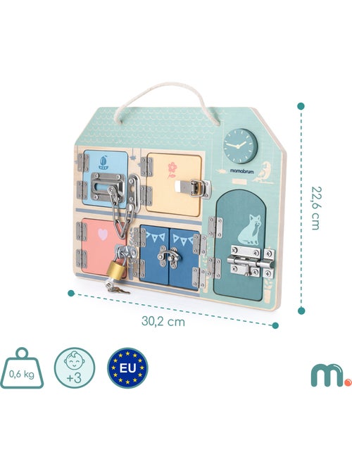 Houten activiteitenbord huis 30x22cm 5 slotenspel klok mamabrum - Kiabi Houten activiteitenbord huis 30x22cm 5 slotenspel klok mamabrum - Kiabi
