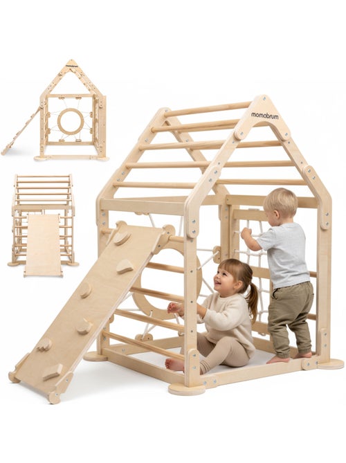 Houten indoor speelhuis voor kinderen met klimwand, ladder en glijbaan - Kiabi