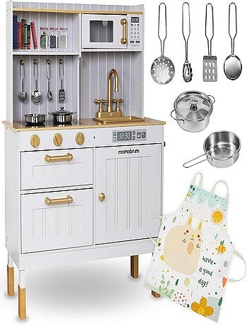 Houten kinderkeuken 3+ met accessoires en schort – microgolfoven, oven, spoelbak