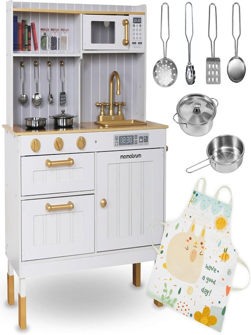 Houten kinderkeuken 3+ met accessoires en schort – microgolfoven, oven, spoelbak - Kiabi Houten kinderkeuken 3+ met accessoires en schort – microgolfoven, oven, spoelbak - Kiabi