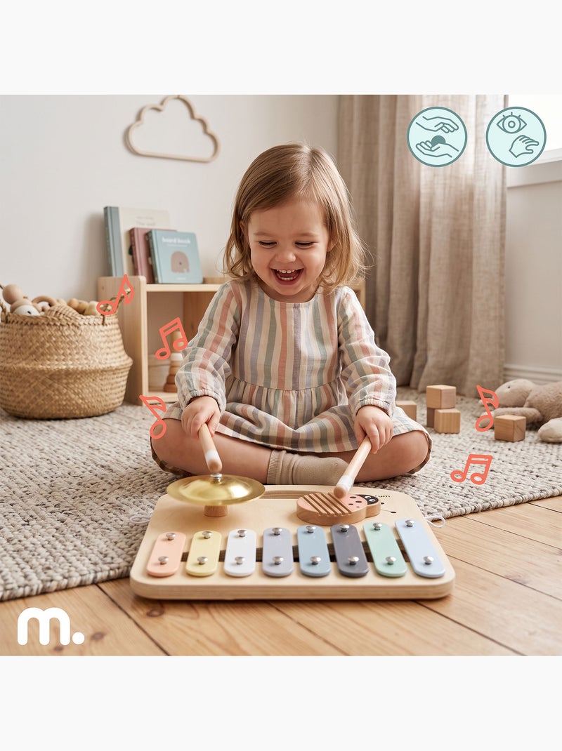 Houten muziekbord 8 tonen metallofoon bekken guiro 2 stokjes mamabrum N.v.t. - Kiabi