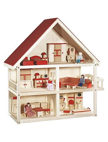 Houten poppenhuis + miniatuurmeubels en 4 poppen ROBA