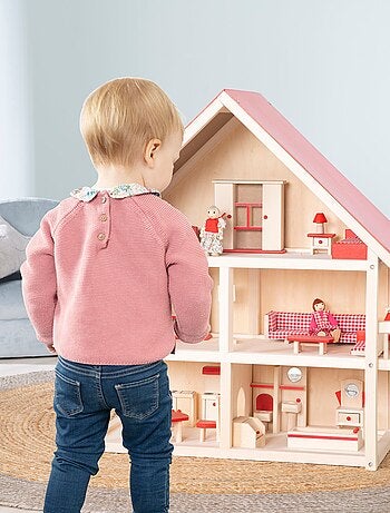 Houten poppenhuis + miniatuurmeubels en 4 poppen ROBA