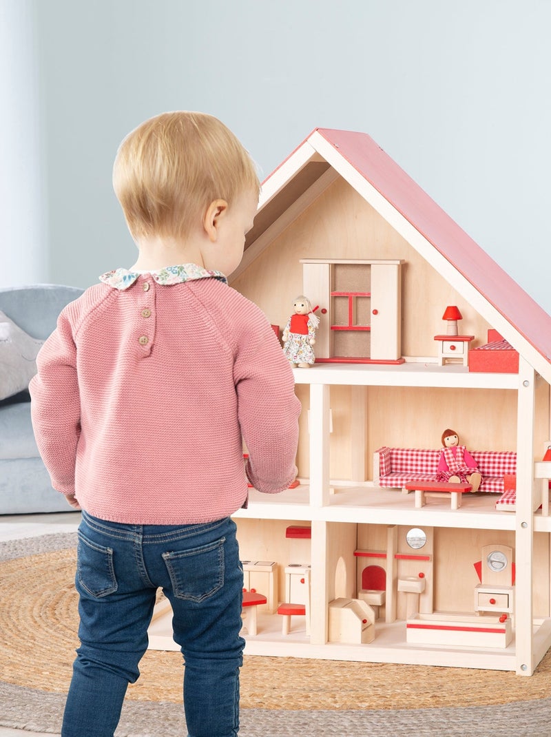 Houten poppenhuis + miniatuurmeubels en 4 poppen ROBA Rood - Kiabi