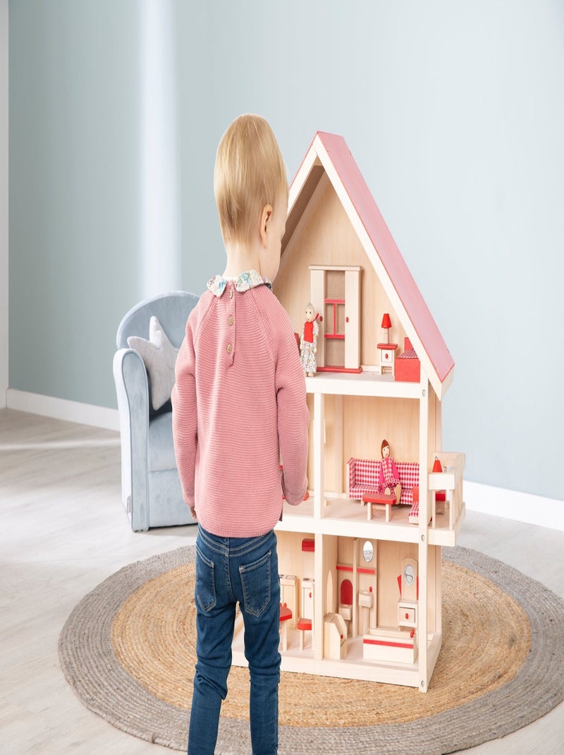 Houten poppenhuis + miniatuurmeubels en 4 poppen ROBA Rood - Kiabi