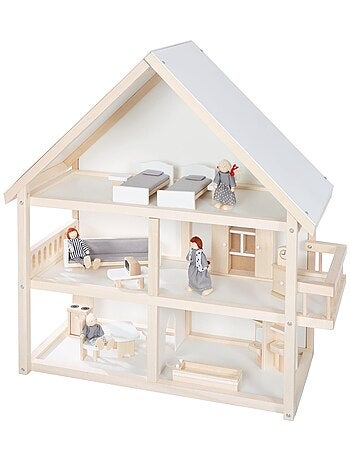 Houten poppenhuis + miniatuurmeubels en 4 poppen ROBA
