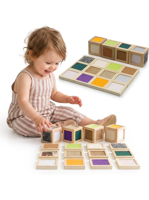 Houten sensorische blokken kind 5x5cm 4 kubussen 12 tegels mamabrum - Kiabi