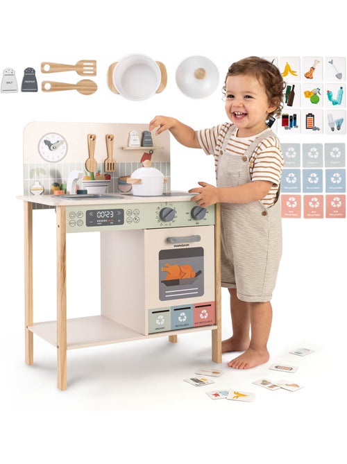 Houten speelgoedkeuken afval scheiden 54x30x72cm oven klok beige saliegroen mamabrum - Kiabi Houten speelgoedkeuken afval scheiden 54x30x72cm oven klok beige saliegroen mamabrum - Kiabi
