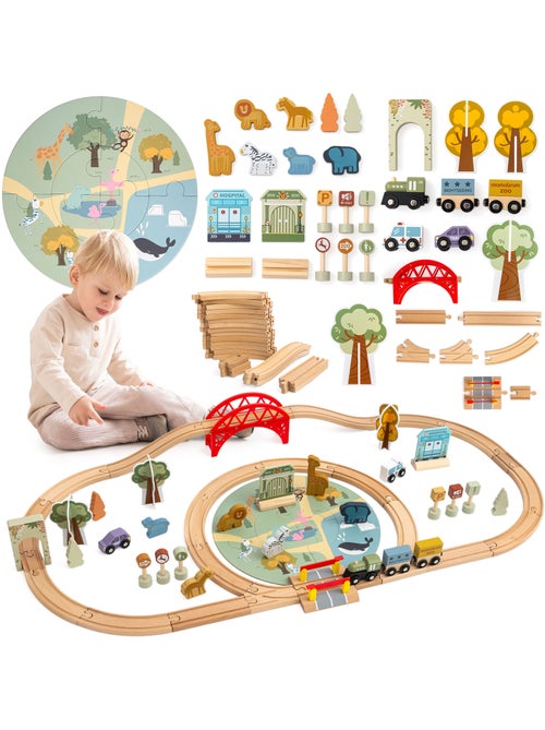 Houten treinbaan kind 106x55cm zoo safari puzzel spoor diertjes mamabrum - Kiabi Houten treinbaan kind 106x55cm zoo safari puzzel spoor diertjes mamabrum - Kiabi