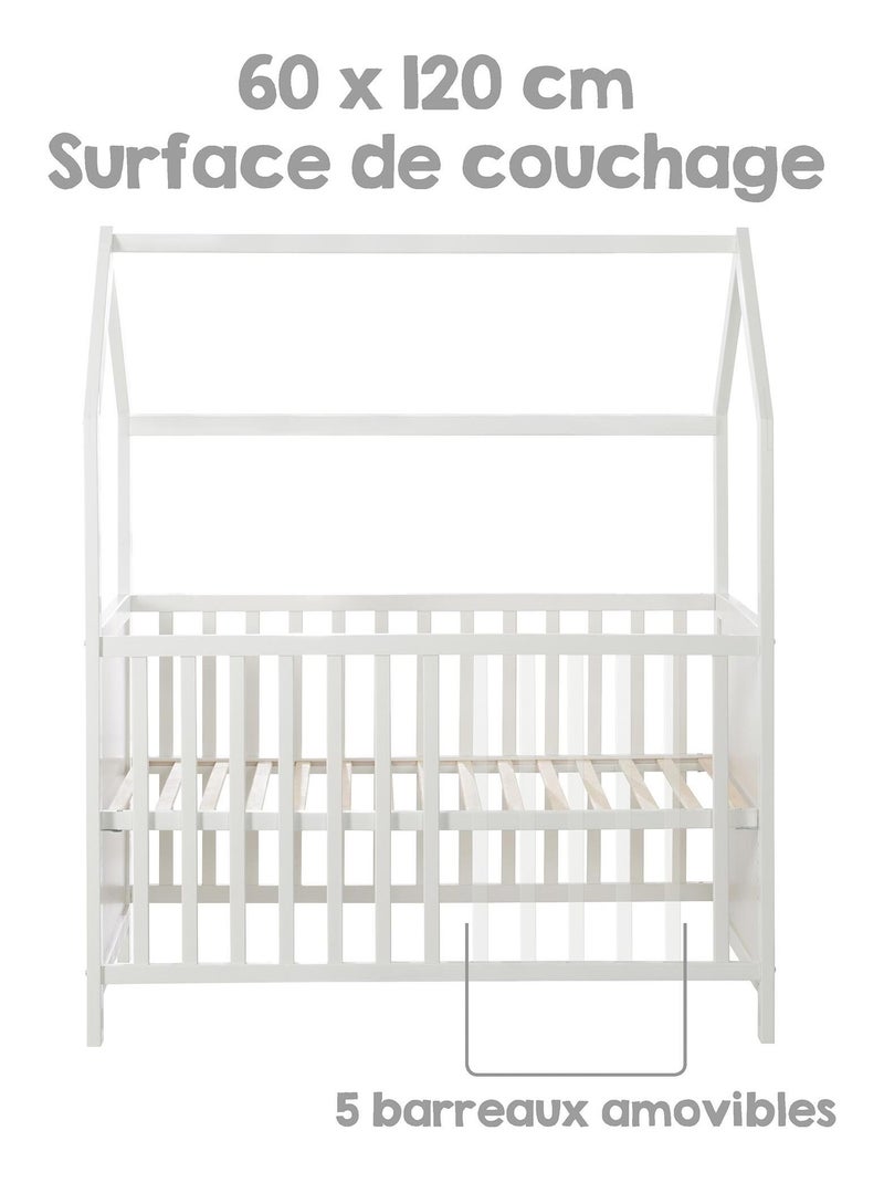 Hutbed 60 x 120 van fsc-hout, ombouwbaar tot bijzetbed en bankje roba Wit - Kiabi