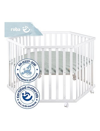 In hoogte verstelbare zeshoekige houten babybox met waterafstotend boxkleed 'roba Style' ROBA