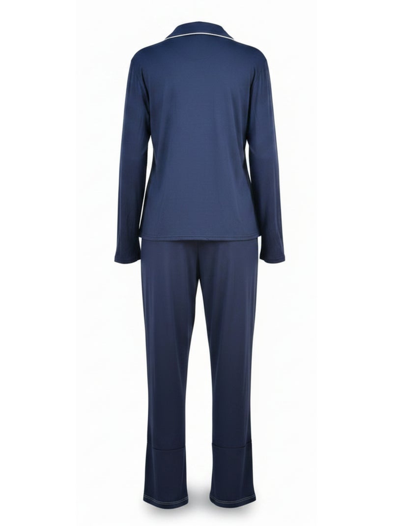 INFINITIF PARIS Dames Pyjama Lang Overhemd Kraag Paspel Wit Marineblauw - Kiabi