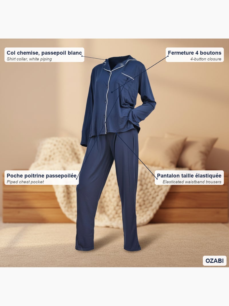 INFINITIF PARIS Dames Pyjama Lang Overhemd Kraag Paspel Wit Marineblauw - Kiabi
