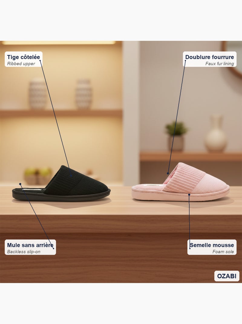 INFINITIF PARIS Pantoufles Mules Femme Pack 2 Paires Tige Côtelée Semelle Mousse Noir Rose - Kiabi