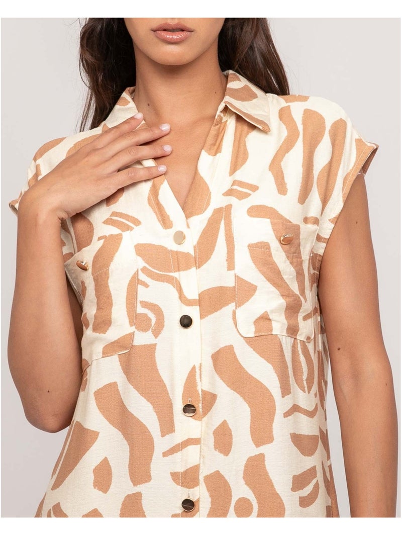 Isaline lange mouwloze jurk met knoopsluiting Beige - Kiabi
