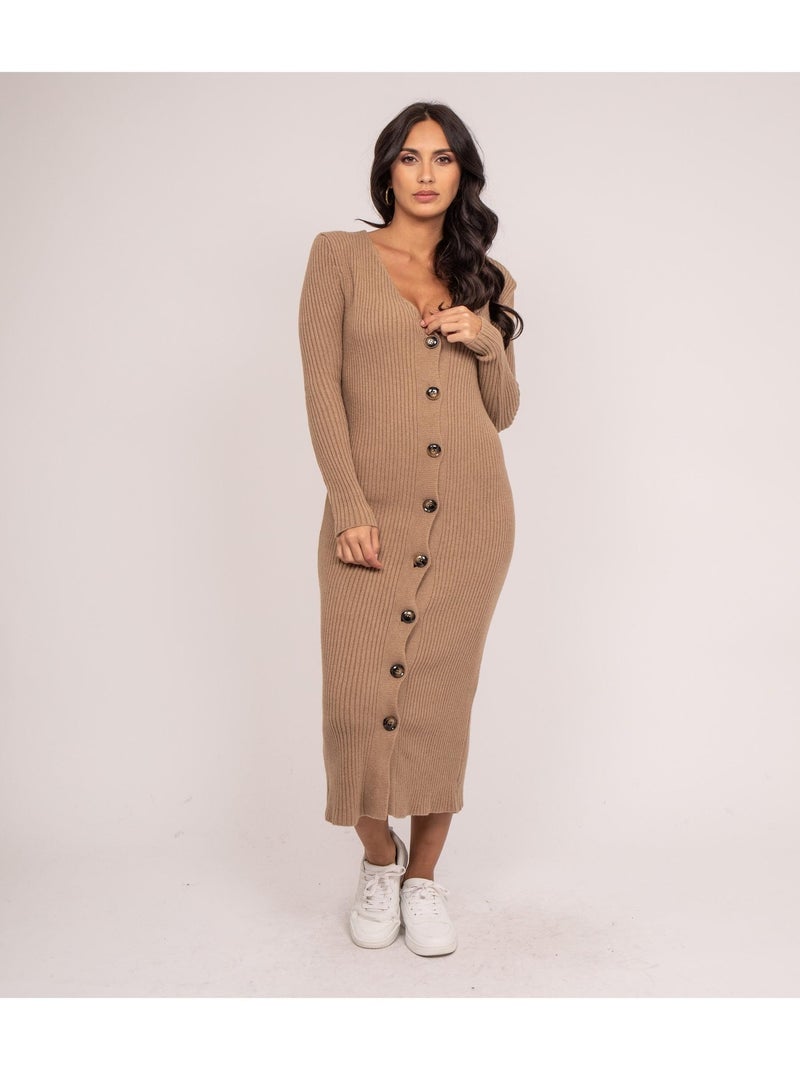 IVERNY lange gebreide jurk met ribbels Beige - Kiabi