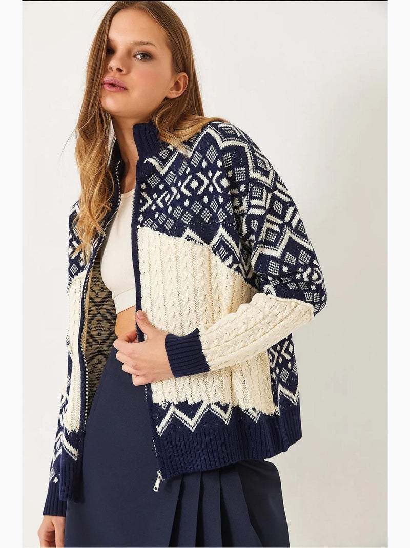 Jacquard gebreide cardigan met rits lucci Marineblauw - Kiabi