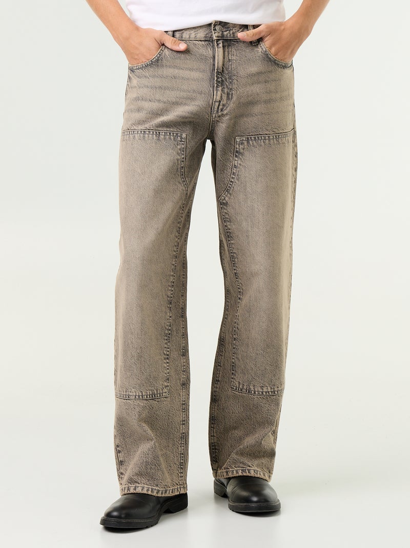 Jean baggy uni avec empiècements fantaisies Gris - Kiabi