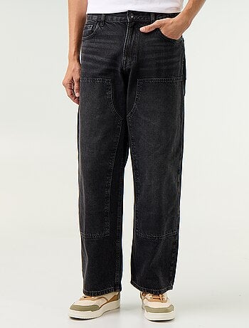 Jean baggy uni avec empiècements fantaisies