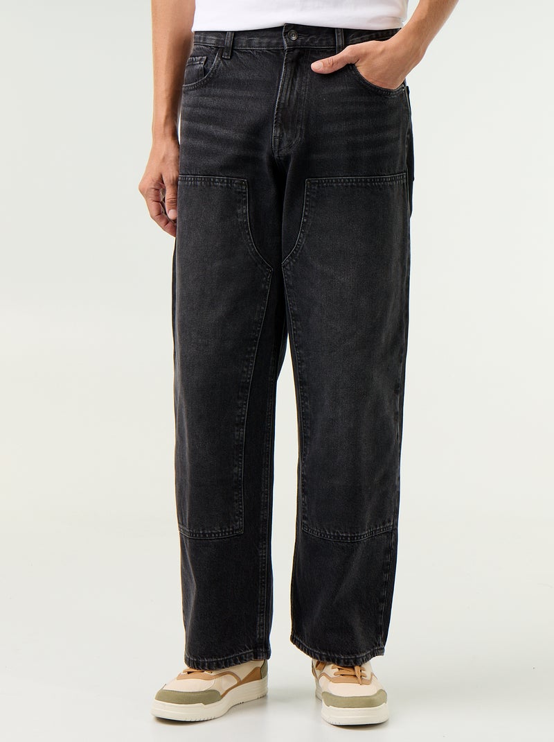 Jean baggy uni avec empiècements fantaisies Noir - Kiabi