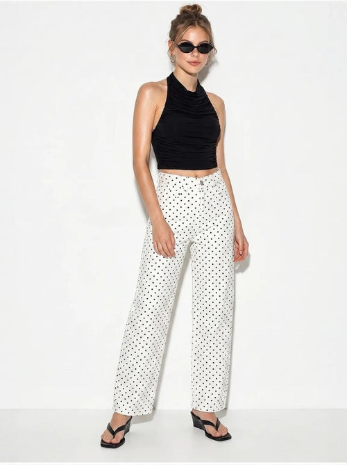 Jean droit taille haute à pois lucci - Kiabi