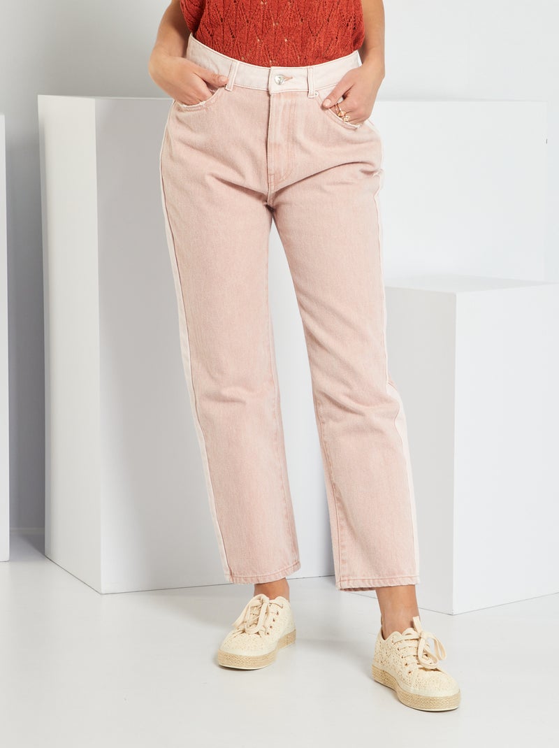 Jean droit taille haute avec double délavage Rose - Kiabi