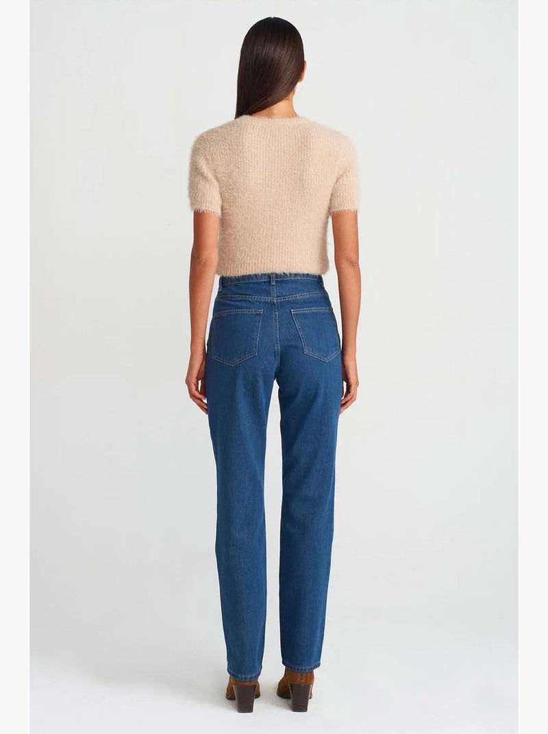 Jean droit taille haute en coton dilvin Bleu saphir - Kiabi