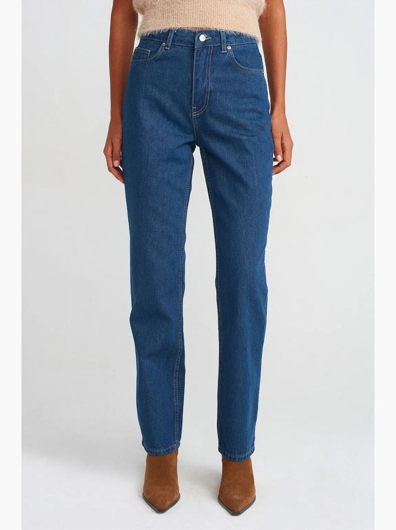 Jean droit taille haute en coton dilvin Bleu saphir - Kiabi