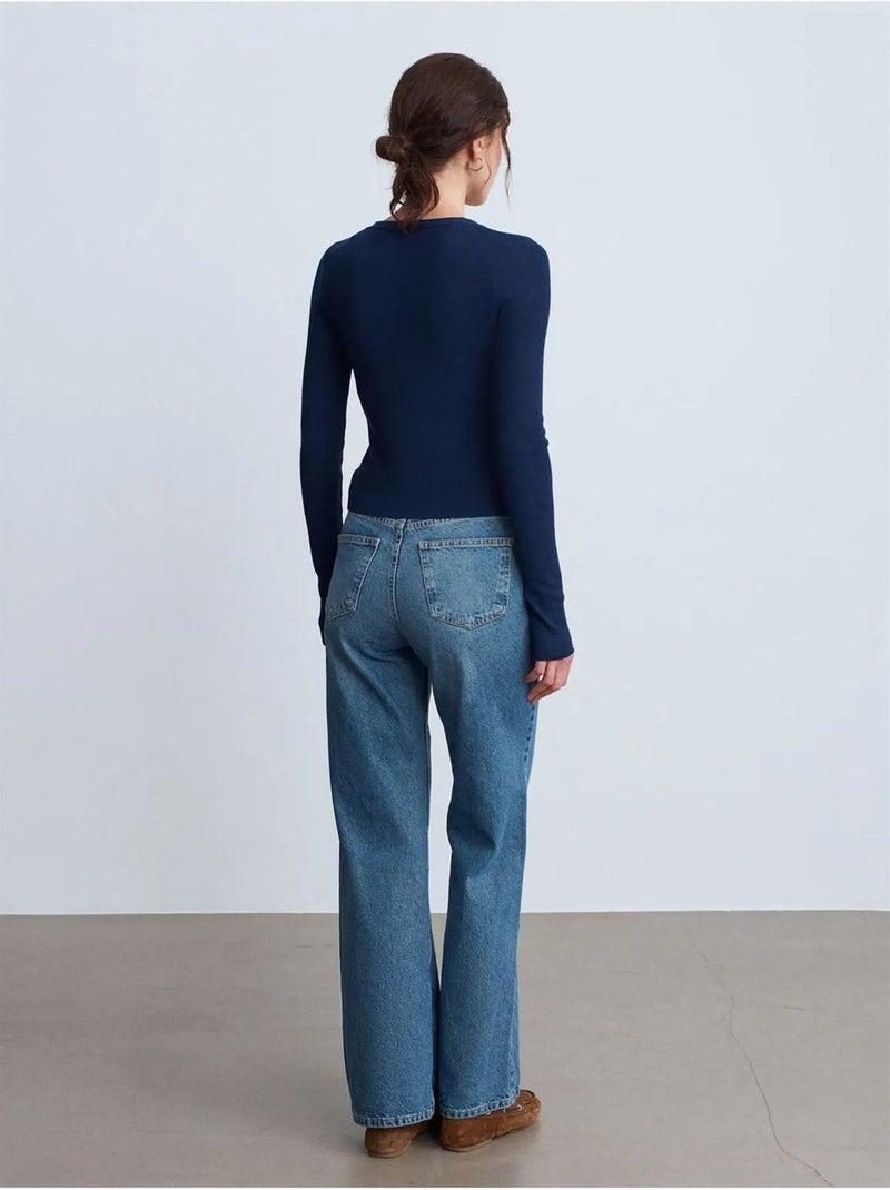 Jean en coton à taille haute et jambe large dilvin Bleu saphir - Kiabi