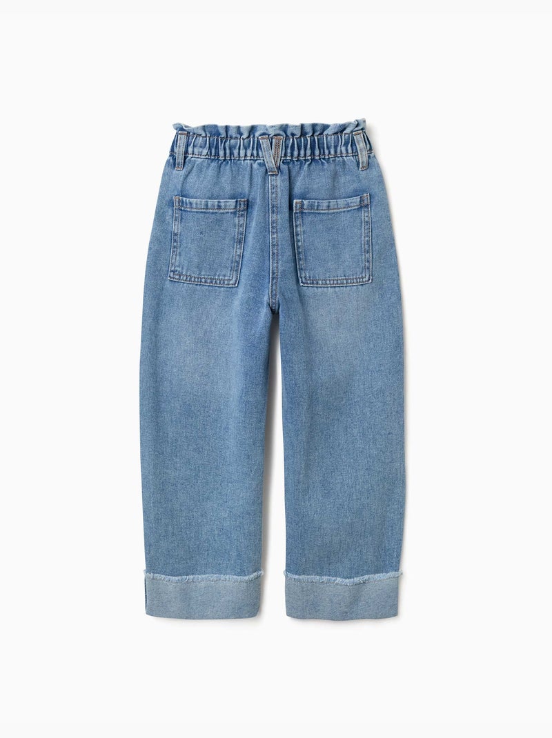 Jean en coton avec taille paperbag et ourlets repliés Bleu Bleu - Kiabi