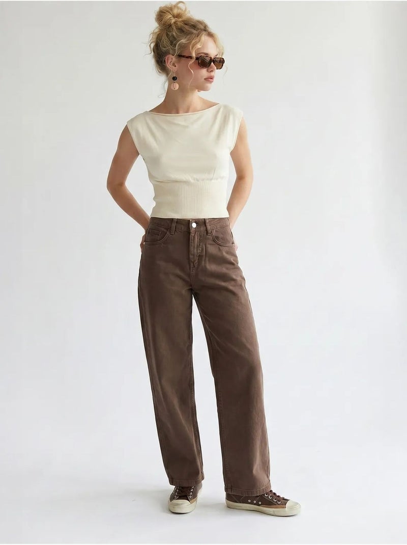 Jean en coton taille haute à jambe large mixray Marron - Kiabi