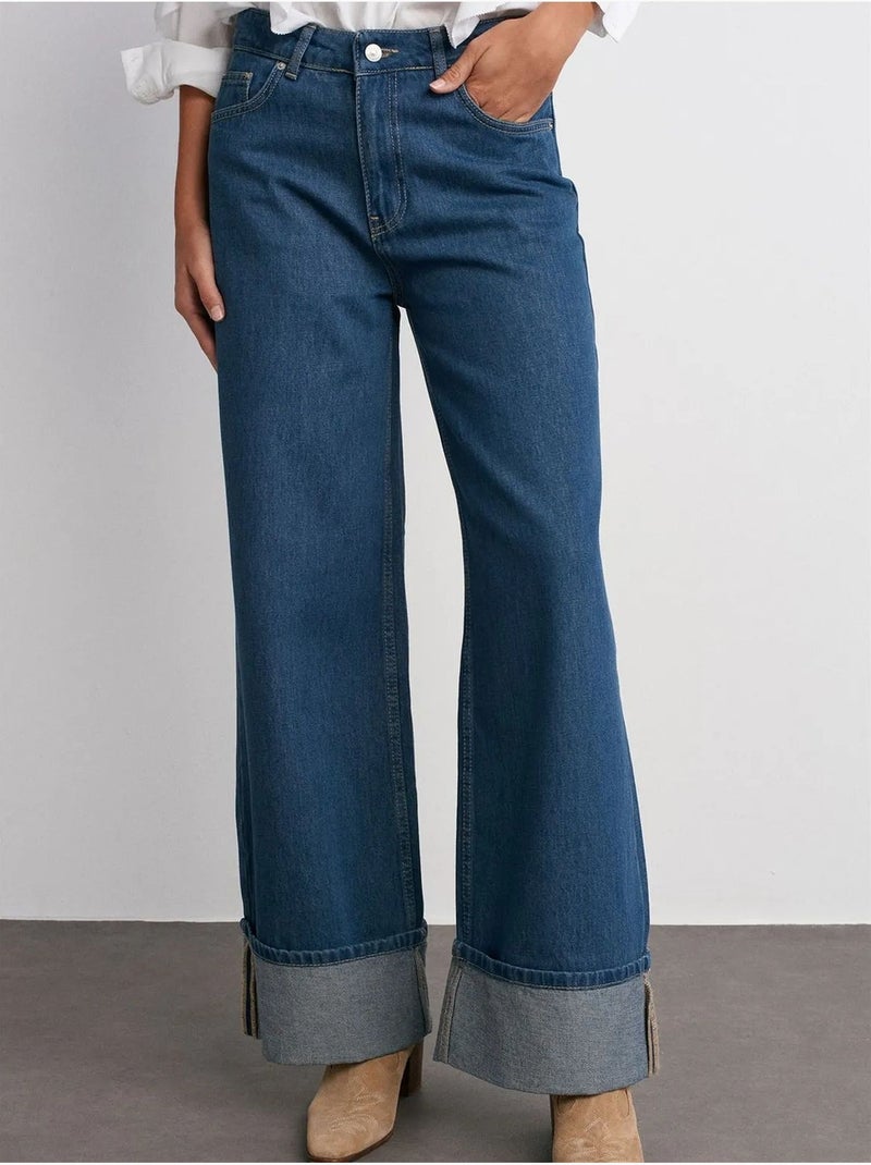 Jean en denim coton à taille haute et jambe large dilvin Bleu saphir - Kiabi