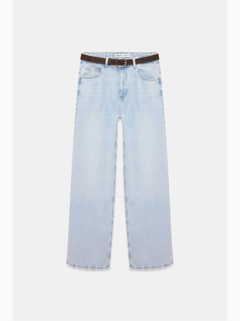 Jean en denim de coton à taille haute et jambe large dilvin Bleu clair - Kiabi