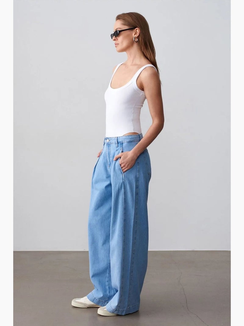 Jean en denim de coton à taille haute et jambe large dilvin Bleu saphir - Kiabi