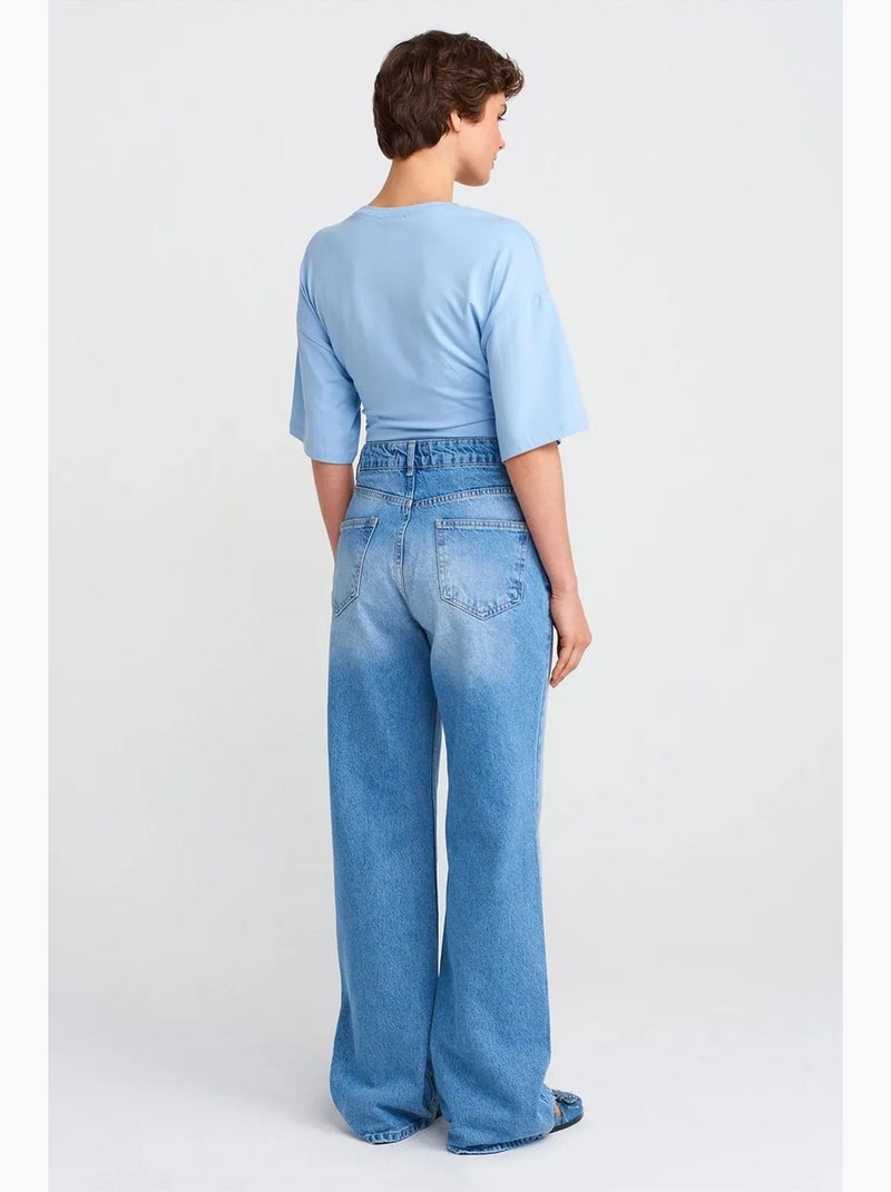 Jean en denim de coton à taille haute et jambe large dilvin Bleu saphir - Kiabi