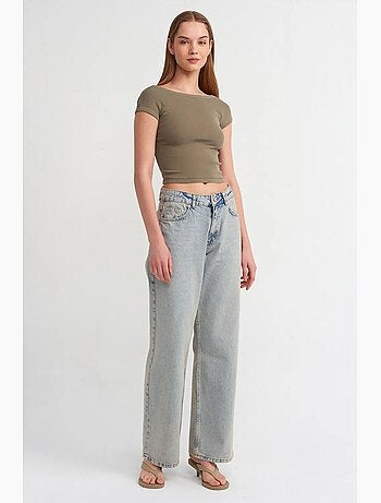 Jean en denim de coton à taille mi-haute et jambe large dilvin