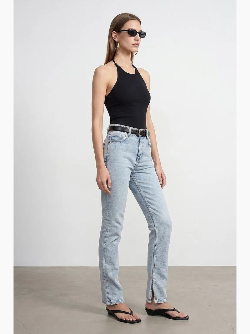 Jean femme taille haute à jambe droite dilvin Bleu clair - Kiabi