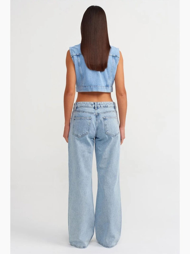 Jean femme taille haute à jambe large dilvin Bleu clair - Kiabi