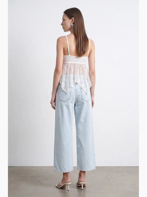 Jean femme taille haute, jambe large, longueur capri, dentelle dilvin - Kiabi Jean femme taille haute, jambe large, longueur capri, dentelle dilvin - Kiabi